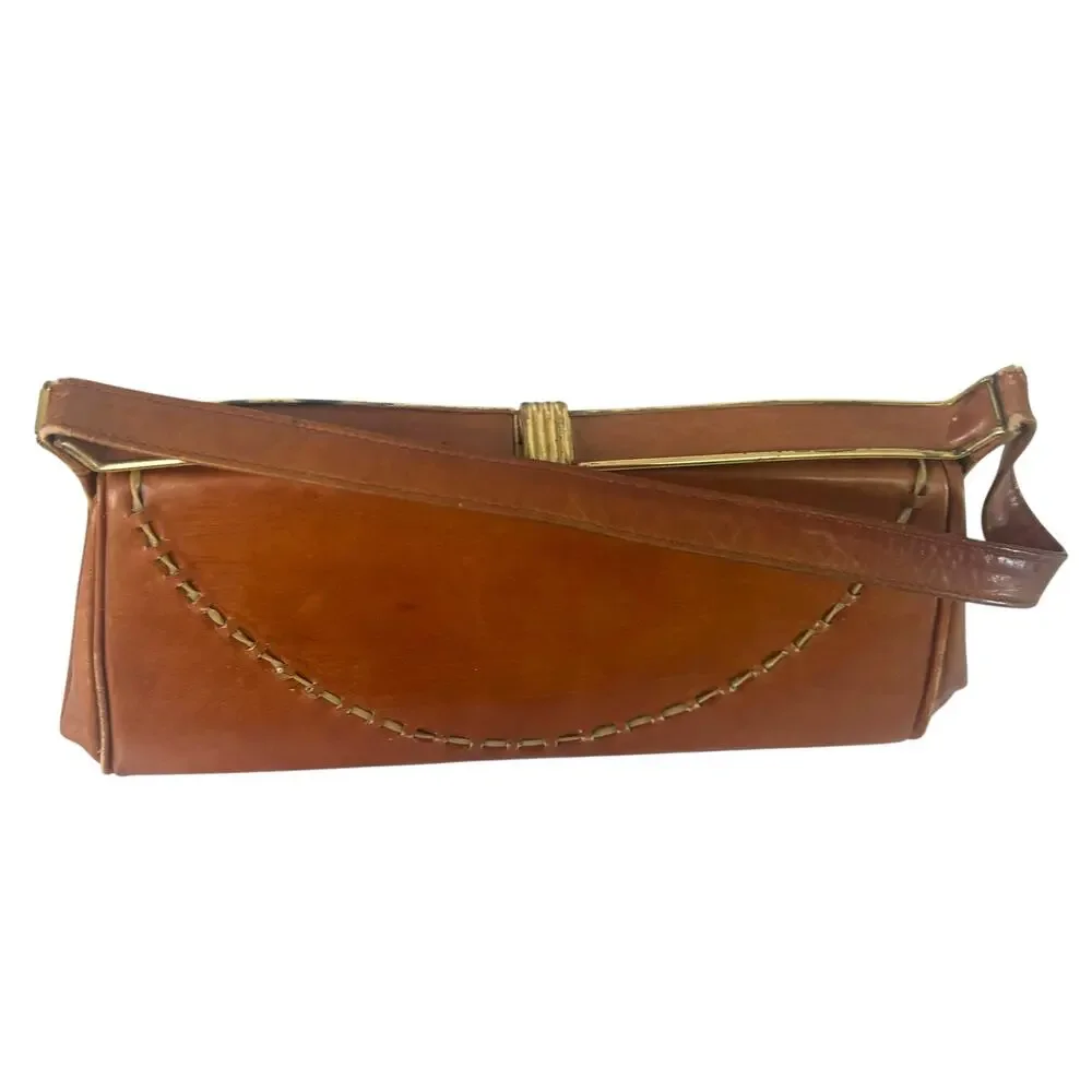 Vintage 1950s Brown Leather Frame Clutch Shoulder Bag Whipstitch